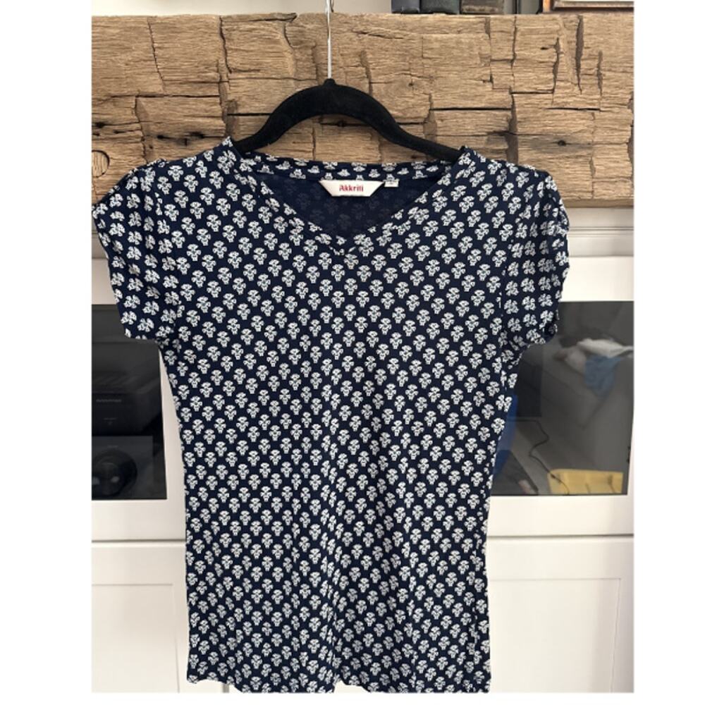 Akkriti Navy Blue Ditsy Print Cap Sleeve Button Detail Blouse Women's Small